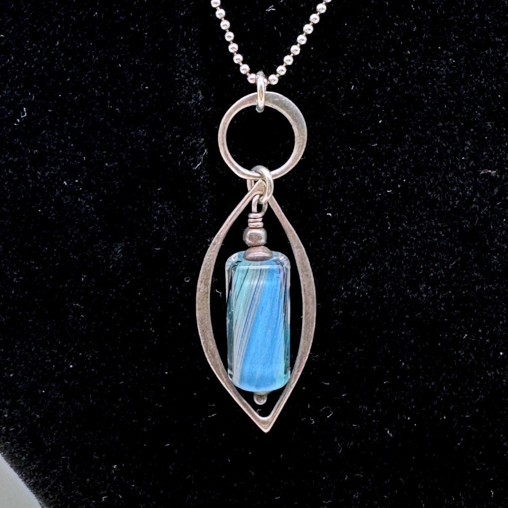 Vintage Womens Necklace 925 Sterling Silver Blue Glass Artisan Modernist Boho